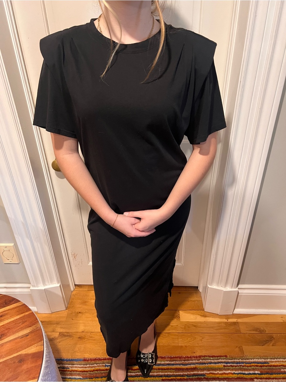 Frame Denim Black Padded-Shoulder Crew Neck Midi Dress